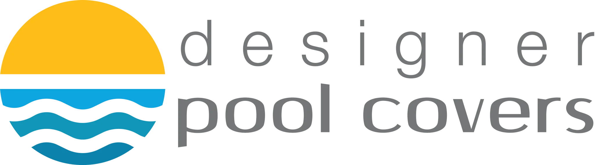 Logo for Designer Pool Covers featuring a stylized sun over blue waves to the left of the company name in gray lowercase letters, ideal for use in a WordPress header or Elementor footer.
