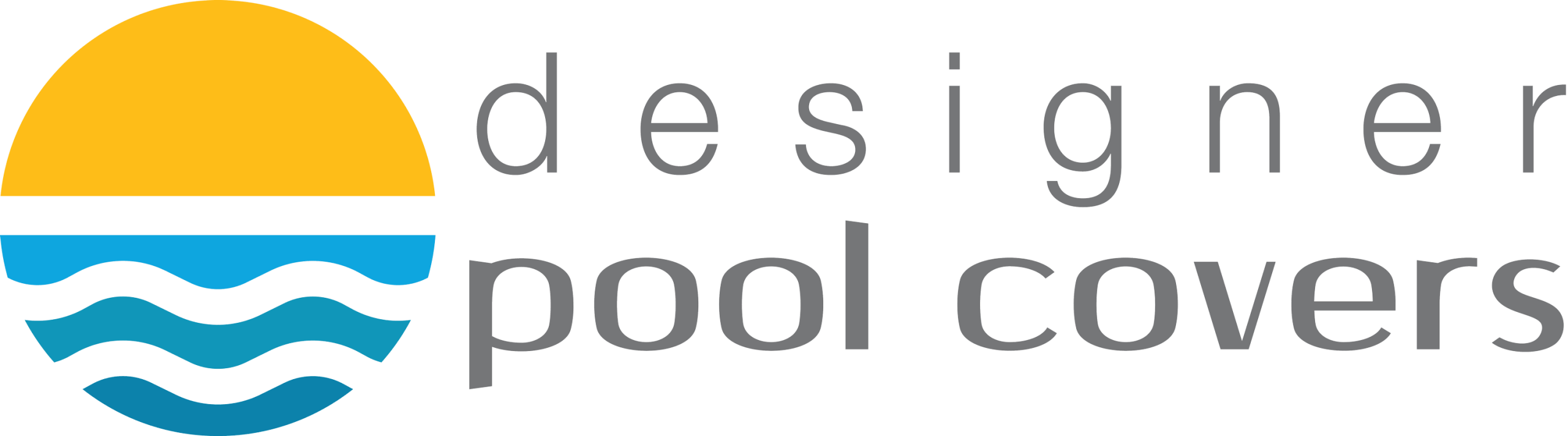Logo for "Designer Pool Covers" featuring a stylized sun and blue waves icon to the left of the company name in modern, gray text.